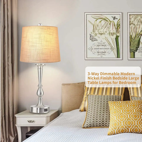 Set Of 2 Touch Control Table Lamps With Dual USB Charging Ports, 3 Way Dimmable, Nickel Finish, Grey Fabric Drum Shades