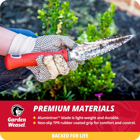 Gloved hand holding Pro Grade Multi Use Transplanter Tool For Garden Digging Cultivating Planting And Weeding Heavy Duty Hand Digging Trowel And Mini Shovel For Precision Planting Root Cutting And Soil Loosening 91360 with serrated blade