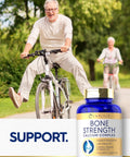 Bone Strength Calcium Complex Supplement With Vitamin D3 Magnesium Zinc K2 Boron 120 Capsules Non GMO Gluten Free For Stronger Bones And A Daily Health Boost bottle with elderly man riding a bicycle in a park.