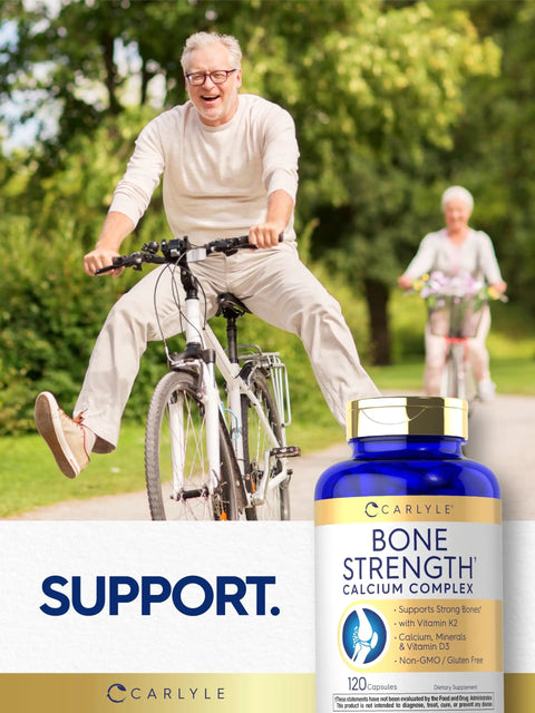 Bone Strength Calcium Complex Supplement With Vitamin D3 Magnesium Zinc K2 Boron 120 Capsules Non GMO Gluten Free For Stronger Bones And A Daily Health Boost bottle with elderly man riding a bicycle in a park.