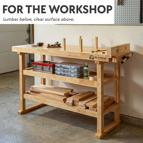 Beefy Rubberwood 60 Inch Workbench With Two Storage Shelves Heavy Duty 450 Lb Capacity Vise Slot And Bench Dog Holes For Garage
