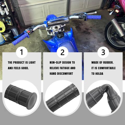 Blue dirt bike with Seven Eighths Inch Quick Twist Throttle Grips with See Through Cable Box Aluminum Alloy Universal Fit