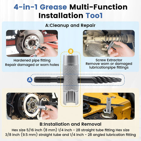 KCMOSGI 2-pc black grease fitting tool set, 4-in-1 zerk tool for 1/4-28 SAE and 1/8-NPT; hex 3/8, 5/16, 7/16 front view