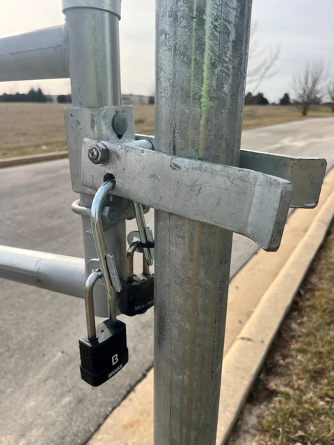 Super Secure Dual Padlock Gate Lock Killing Messy Daisy Chains For Hella Tough Barn Yard Protection Letting Two Different Property Owners Use Their Own Separate Keys, close-up of dual padlock on a gate.