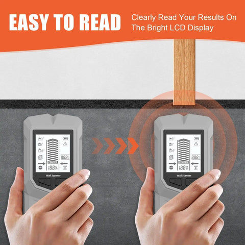 Hands using the Stud Finder Wall Scanner LCD Display Audio Alarm Leveler Detector Tool on a wall for reading results.