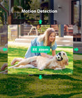 Outdoor And Indoor Security Camera With Spotlight And 1080P WiFi Surveillance Color Night Vision AI Human Detection showing motion detection with 8X zoom on girl and dog in garden.