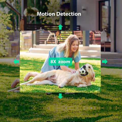 Outdoor And Indoor Security Camera With Spotlight And 1080P WiFi Surveillance Color Night Vision AI Human Detection showing motion detection with 8X zoom on girl and dog in garden.