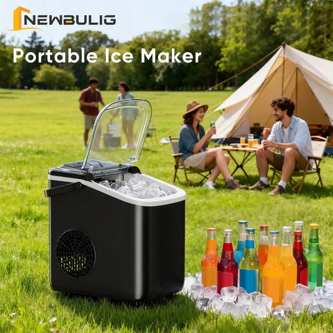 Portable Countertop Ice Maker With Handle Serving Up Fresh Bullet Ice In Under Ten Minutes Delivering Twenty Six Pounds Daily For Dead Legit Party Vibes And Summer Chills outdoors next to drinks and people.