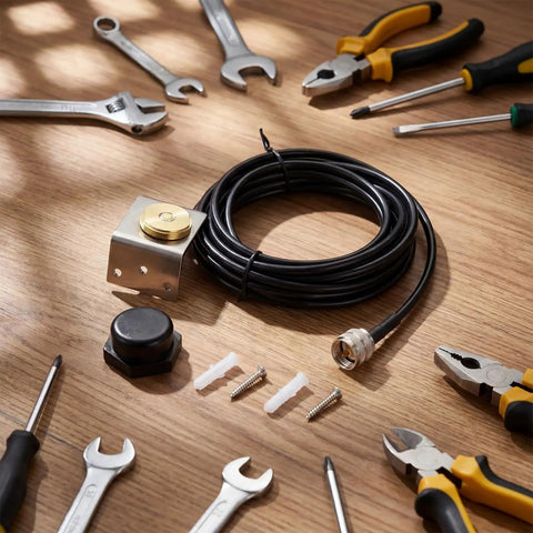 Workshop setup with Three Quarters Inch NMO Mount With L Bracket, 16 Foot RG58 Coax Cable, and tools on wooden surface.