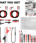 27 Piece Multimeter Test Leads Kit With Alligator Clips Hook Clips Banana Plugs Piercing Probes 59 Inch Leads and 4mm Female Adapters shown