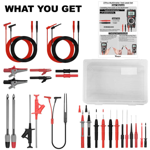 27 Piece Multimeter Test Leads Kit With Alligator Clips Hook Clips Banana Plugs Piercing Probes 59 Inch Leads and 4mm Female Adapters shown