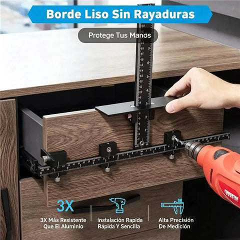 Image of Tough Aluminum Cabinet Hardware Jig With 16 Inch Adjustable Slide Rail for Dead On Knobs Handles Layout in use with drill.