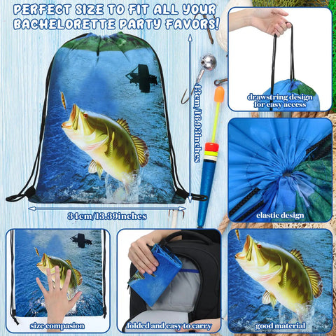 20 Pcs Fishing Party Favors Drawstring Backpacks 17 by 13.4 Inches Fish Theme Gift Bags with colorful fish design.