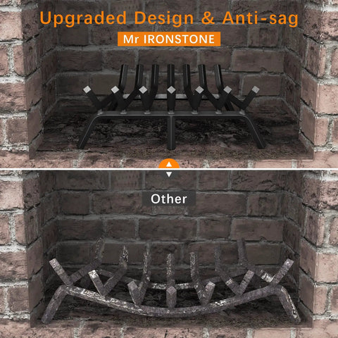Heavy Duty 24 Inch Fireplace Grate Made From Solid Steel, showcasing upgraded design and anti-sag feature in a brick fireplace.