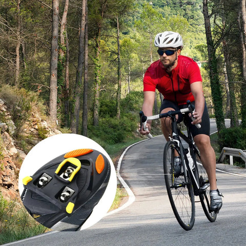 Cyclist using Self Locking Three Hole Road Cleats For SPD SL Pedals with inset showing cleat detail, outdoor cycling scene.