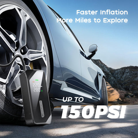 Portable Tire Inflator Air Pump With 150 PSI Cordless Design inflating a car tire with digital pressure gauge display