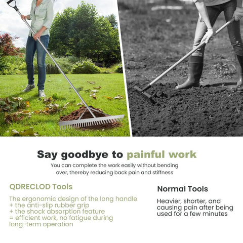 Floating Lake Weed Rake With 134 Inch Extension Handle And 20 Foot Rope used for raking soil and leaves in a garden.