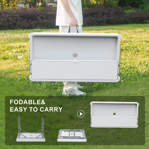 Two Tier Folding Ice Cooler Table With Skirt And Grid Rack, folded, carried outdoors by a person, showcases portability.
