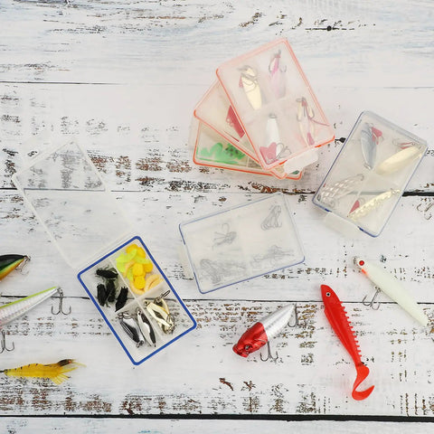 Pack of 6 clear mini fishing tackle boxes with 4 compartments, transparent lure storage bins for hooks, beads, and small gear.