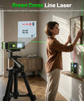 4 In 1 Digital Laser Tape Measure With Dual HD Display, 200 Ft Rechargeable Laser Distance Meter, 33 Ft Green Cross Line Laser, 10 Ft Tape, Handy For Quick Area, Volume, Pythagorean, And Leveling On Indoor Projects. Green cross line laser used for picture hanging in a room.