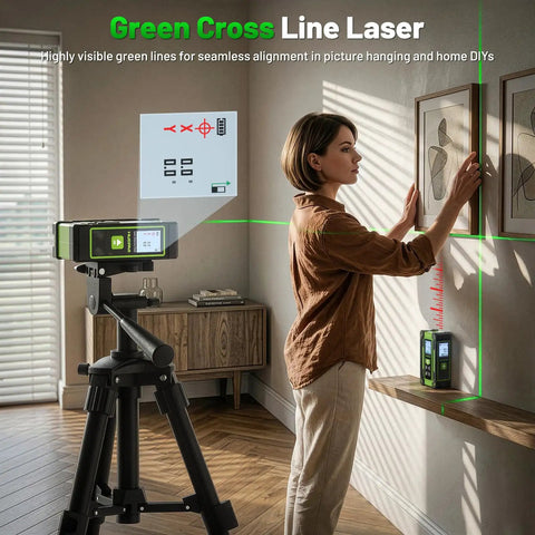 4 In 1 Digital Laser Tape Measure With Dual HD Display, 200 Ft Rechargeable Laser Distance Meter, 33 Ft Green Cross Line Laser, 10 Ft Tape, Handy For Quick Area, Volume, Pythagorean, And Leveling On Indoor Projects. Green cross line laser used for picture hanging in a room.
