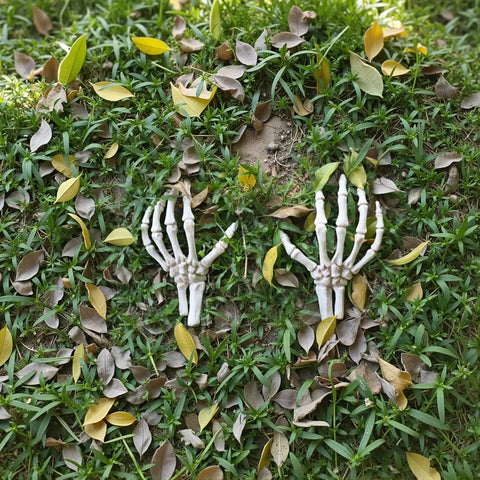 Left And Right Skeleton Hands 8 Inch Spooky Bones Halloween Decor on grass covered with leaves.