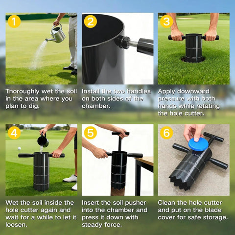 Step-by-step instructions using Portable Golf Hole Cutter With Detachable Handle, Stainless Steel Hole Digger for backyard putting greens.