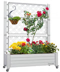 Raised Garden Bed On Wheels With Trellis For Climbing Plants, Weatherproof Resin Planter Box With Drain Plug And Water Level Monitor