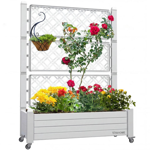 Raised Garden Bed On Wheels With Trellis For Climbing Plants, Weatherproof Resin Planter Box With Drain Plug And Water Level Monitor