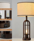Close-up of Farmhouse Style Table Lamps Set Of 2, 28 Inch Tall, 3 Way Dimmable Touch Lamps With Dual USB Ports, Industrial Linen Shade