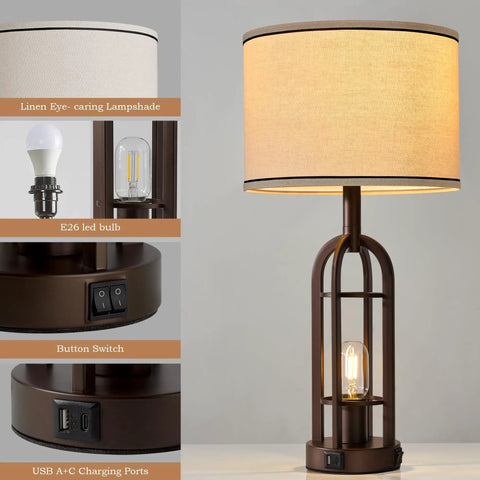 Close-up of Farmhouse Style Table Lamps Set Of 2, 28 Inch Tall, 3 Way Dimmable Touch Lamps With Dual USB Ports, Industrial Linen Shade