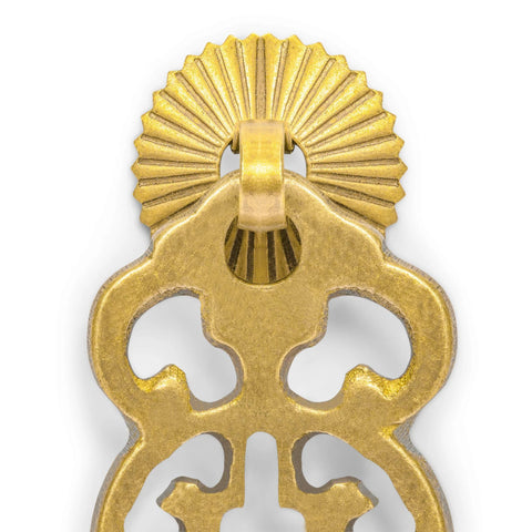 Close-up of Wealth And Longevity Brass Cabinet And Furniture Pulls Set Of 2 in 2 Inches, ornate design with radial top