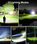 Ultra Bright 990000 Lumen Rechargeable LED Flashlight With Zoomable Beam Waterproof Tactical Light showcasing 5 lighting modes including strobe and SOS
