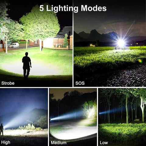 Ultra Bright 990000 Lumen Rechargeable LED Flashlight With Zoomable Beam Waterproof Tactical Light showcasing 5 lighting modes including strobe and SOS