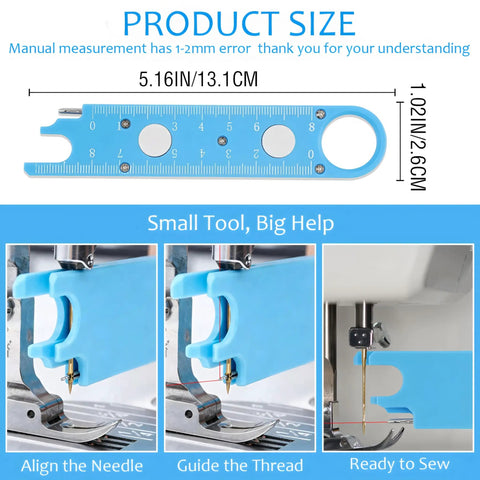 3 In 1 Quick Threading Needle Threader For Sewing Machines With Alignment Guide shown in blue with ruler markings