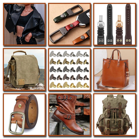 150 Sets Solid Chicago Screws And Leather Rivets In Mixed Colors With Zero Hassle Install Tools Heavy Duty Zinc Alloy Metal Studs Built Like A Tank For Belt Repair Dog Collars And Leather Craft displayed with various leather goods.