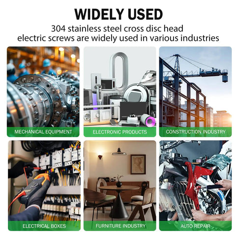 Widely used 304 stainless steel cross disc head screws in mechanical, electronic, construction, electrical, furniture, and auto repair industries.