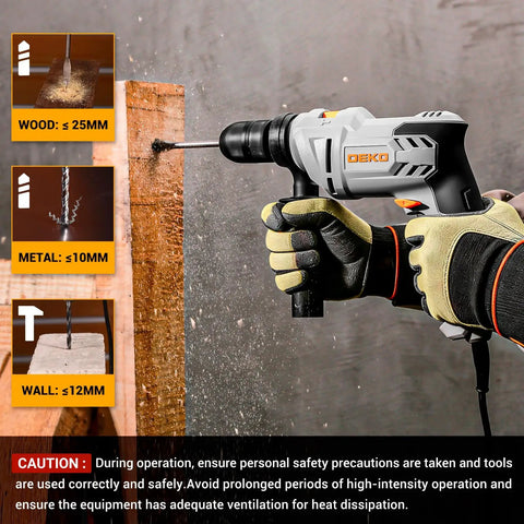 Kick Ass Heavy Duty 6 Amp Corded Hammer Drill With Half Inch Keyed Chuck And Twelve Piece Bit Set Variable Speed Rotation for drilling wood, metal, and masonry.