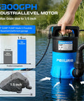 Badass Heavy Duty 1HP Submersible Sump Pump Pulls A Knockout 5300GPH Flow with clear handling and water flow details.