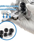 Front view of a 6-piece brake line flare adapter set for 3/16 inch and 1/4 inch lines with double flare dies in a clear plastic case