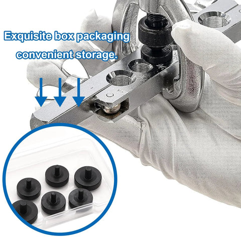 Front view of a 6-piece brake line flare adapter set for 3/16 inch and 1/4 inch lines with double flare dies in a clear plastic case