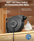 30 Foot Retractable Extension Cord Reel With 16/3C SJTOW Cable Wall Mount Power Reel For Home Garage Or Workshop Easy Install Smooth Auto Rewind Tangle Free Cable Management, wall-mounted