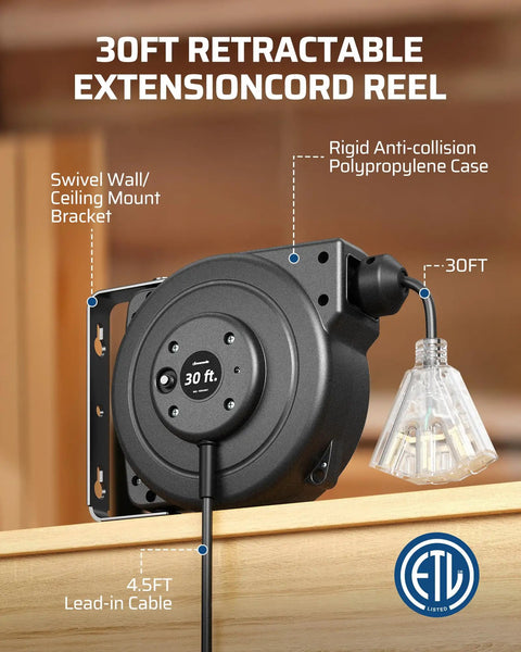 30 Foot Retractable Extension Cord Reel With 16/3C SJTOW Cable Wall Mount Power Reel For Home Garage Or Workshop Easy Install Smooth Auto Rewind Tangle Free Cable Management, wall-mounted
