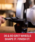 Eight Inch Bench Grinder With Integrated Led Work Lights And Built In Coolant Tray Powered By One Half Hp Motor Delivering Three Thousand Four Hundred Fifty Rpm For Heavy Duty Grinding And Top Shelf Tool Sharpening On Your Workbench sharpening a drill bit on a 36 grit wheel.