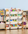 Ultimate Toy Storage Organizer With Bookshelf And 12 Removable Bins For Kid's Playroom, plush toys, blocks, books visible