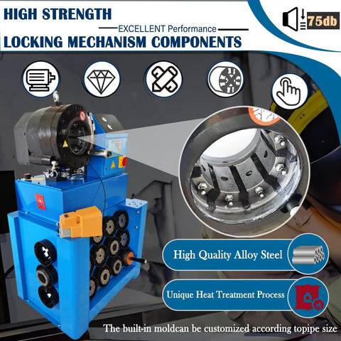 Pro Grade Electric Hydraulic Hose Crimping Machine With 13 Piece Die Set For 0.55 To 2.72 Inch Tubing locking mechanism components close-up.