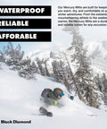 Skier in snowy landscape wearing Mercury Ski Snow Mitts for Women Waterproof Insulated Azurite Two Point Zero Medium Size M Extreme Winter Protection.