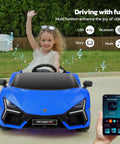 Child driving a Legit Lamborghini Style Ride On Car For Kids With Remote Control Scissor Doors MP3 Player Bluetooth Audio