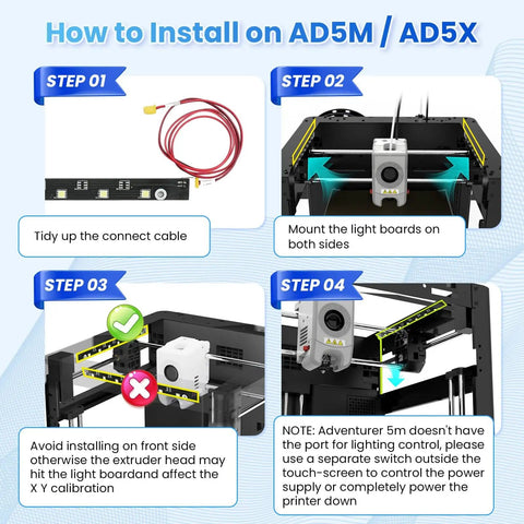 Installation steps for AD5M 24V LED Strip Kit for 3D printers Adventurer 5M Pro and AD5X with 7 bright cold white beads light board.