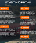 Fitment information for GM vehicles including Buick, Cadillac, Chevrolet, Oldsmobile, Pontiac, and Saturn models from 1997 to 2011.